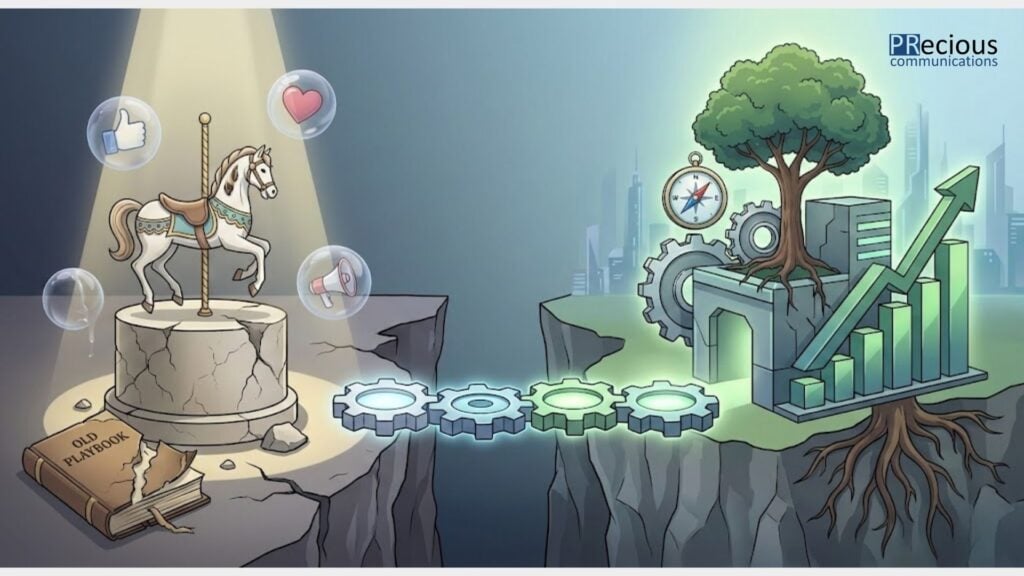 A look at the future of communications, focusing on the shift from chasing impressions (vanity metrics) to delivering measurable business impact (outcomes). The key pillars include adopting a business-first mindset, restructuring teams into agile 'Navy SEALs' units, using AI to augment strategy, and pursuing a deeply localized 'glocal' expansion plan, especially in the high-growth Southeast Asia market.