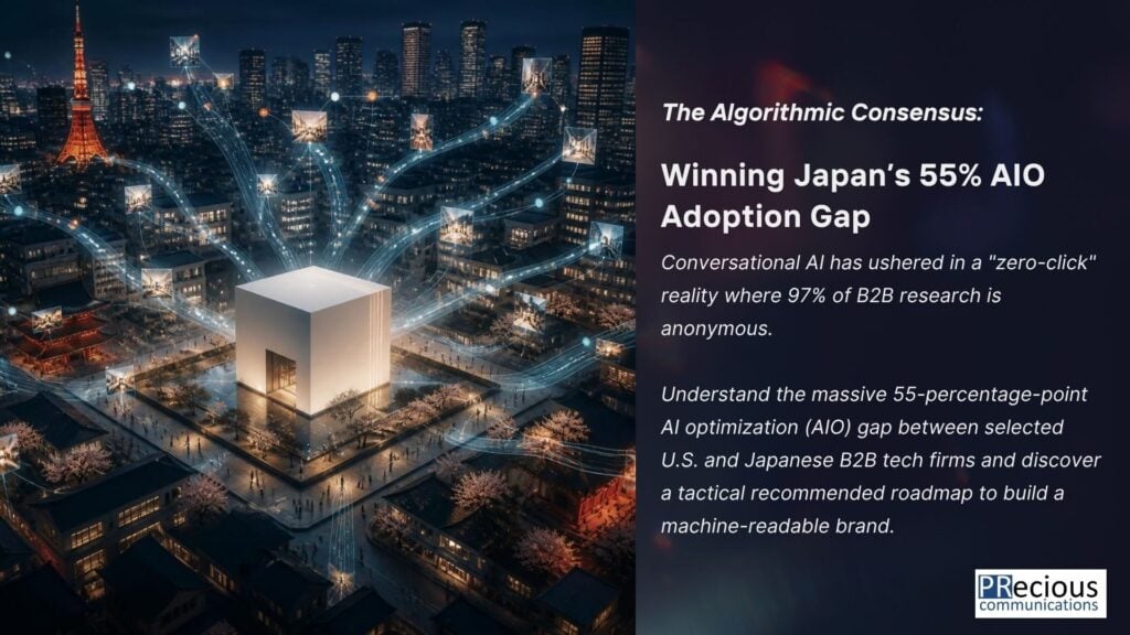 Conversational AI has ushered in a "zero-click" reality where 97% of B2B research is anonymous. This article outlines the massive 55-percentage-point AI optimization (AIO) gap between selected U.S. and Japanese B2B tech firms and provides a tactical recommended roadmap to build a machine-readable brand.