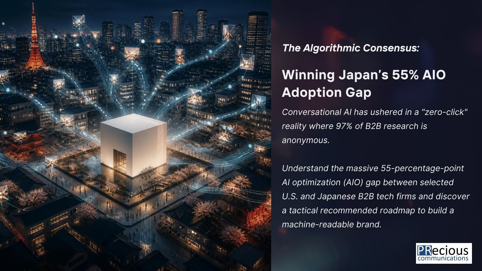 Conversational AI has ushered in a "zero-click" reality where 97% of B2B research is anonymous. This article outlines the massive 55-percentage-point AI optimization (AIO) gap between selected U.S. and Japanese B2B tech firms and provides a tactical recommended roadmap to build a machine-readable brand.