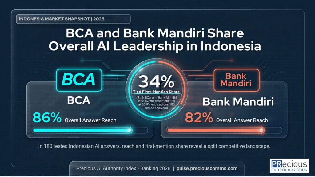 Evaluating AI search visibility in English alone creates massive blind spots for Indonesian brand leaders. Study data reveals that switching query prompts to Bahasa Indonesia alters the top-ranked bank in 38% of matched comparisons. Furthermore, local-language AI answers name fewer banks per response, making top-tier placement critical.